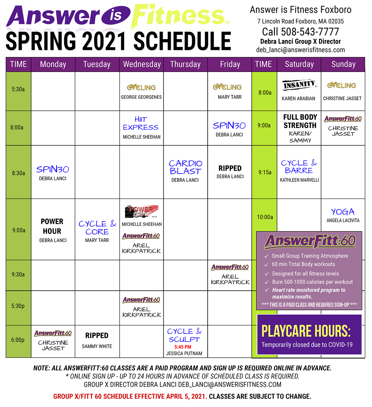 Group X Spring 2021 Schedule - Foxboro, MA